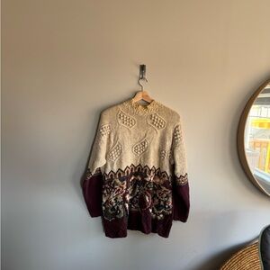 Cream and Brown Cowl Neck Sweater with Textured Knit